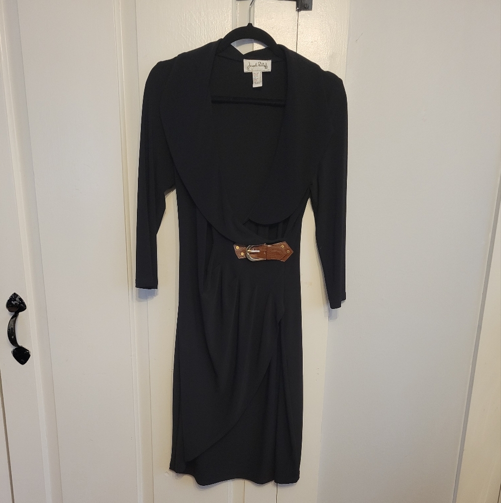 Joseph Ribkoff NWOT Black Knit Faux Wrap Dress 10 with leather and brass buckle